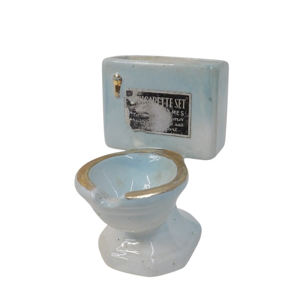 Vintage Thames Japan Toilet Cigarette Set Ashtray Blue Gold Ceramic Novelty MCM